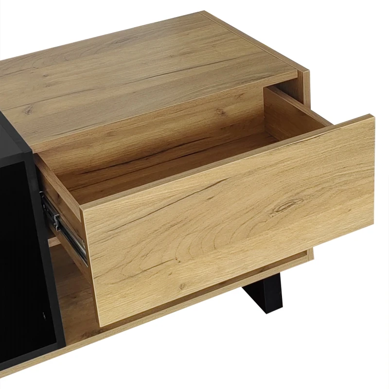 Meuble TV Bas Moderne en Bois avec Pieds en Métal, Trois Tiroirs et Étagères, 200x40x50 cm - Meuble TV Scandinave, Naturale+Noir