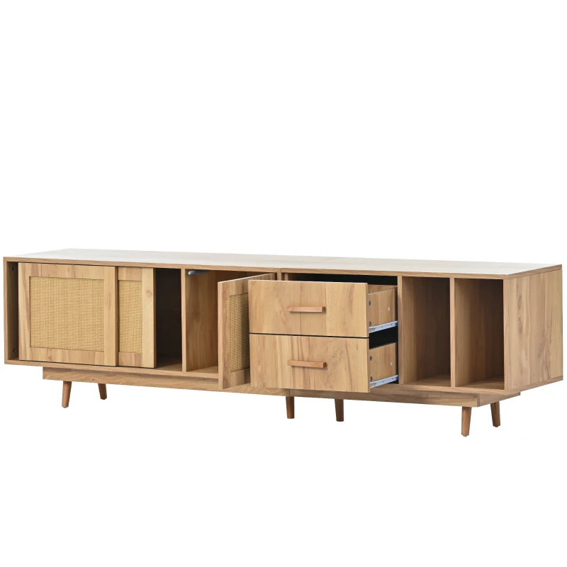 Meuble TV scandinave en rotin pour écrans jusqu'à 80 pouces, console avec portes en rotin, pieds en métal et espace de rangement, naturel