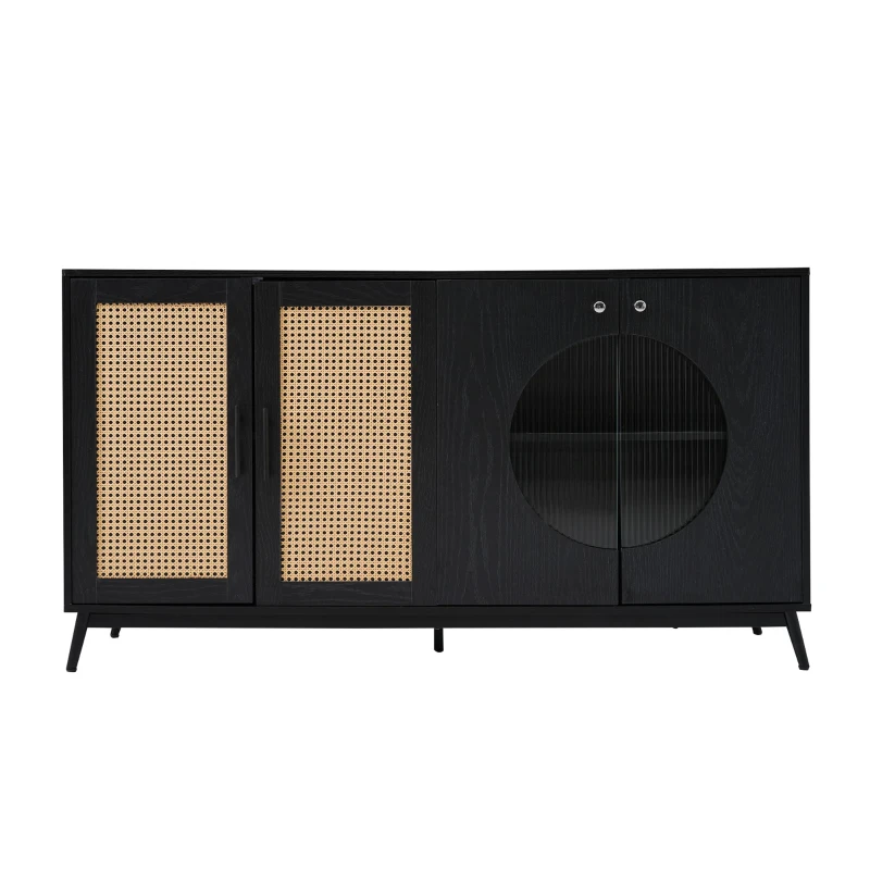 Sideboard mit Glastüren aus Rattan, halbrundem Design und großem Stauraum, Schwarz