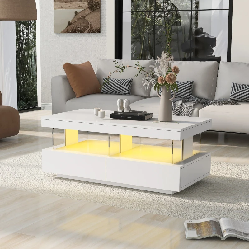Table Basse Moderne avec Éclairage LED et Étagères en Acrylique, 100x60x49,5 cm, Blanc