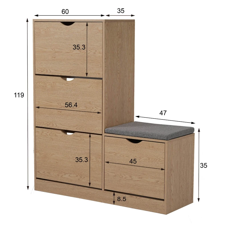 Schuhschrank mit 4 Klappen und Sitzbank, weiches Sitzkissen, grifflose Schuhkommode in Naturholzoptik, Natur