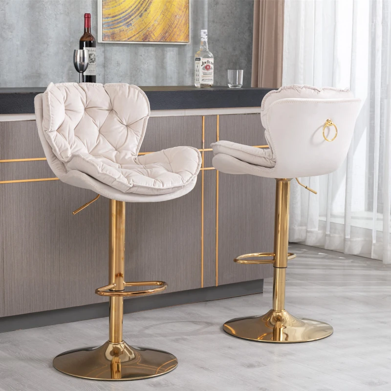 Set of 2 Kitchen Bar Stools with Rolling Edge Backrest and Gold Legs, 360° Rotatable Breakfast Bar Stools with Adjustable Seat Height, Beige