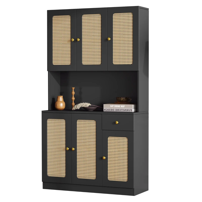 Armoire haute en rotin avec 6 portes et tiroir central ouvrant, adaptée pour séjour et entrée, 100x24-38x180 cm - meuble de rangement moderne, Noir