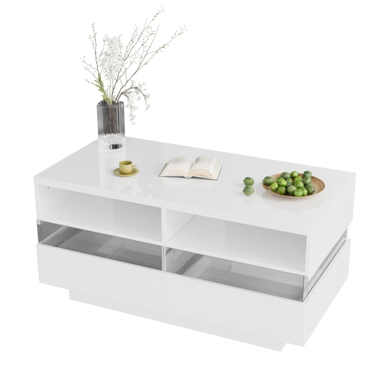 Hochglanz Couchtisch mit LED-Beleuchtung, zwei Ablagefächern und Schubladen, modernes Design, Weiß