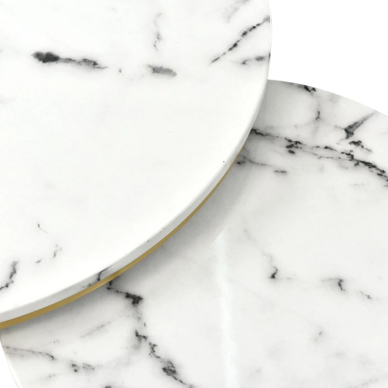 Lot de 2 tables basses gigognes modernes en MDF, finition effet marbre et structure métal, 70x70x47 cm et 45x45x40 cm, Blanc