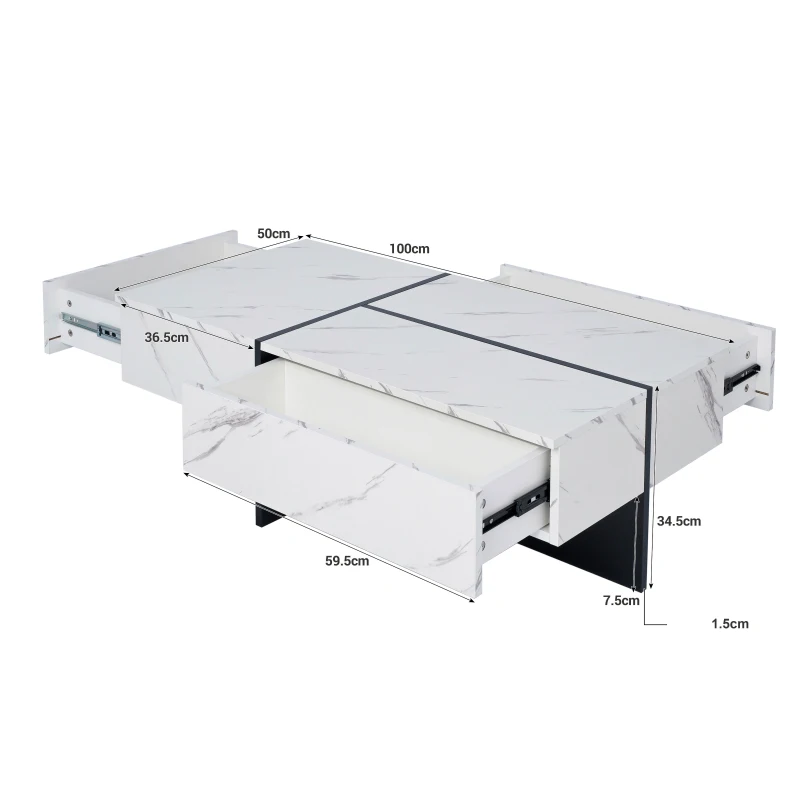 Hochglänzender Couchtisch aus Marmorimitat mit App-gesteuertem LED-Beleuchtungssystem und drei Schubladen in Schwarz, Weiß