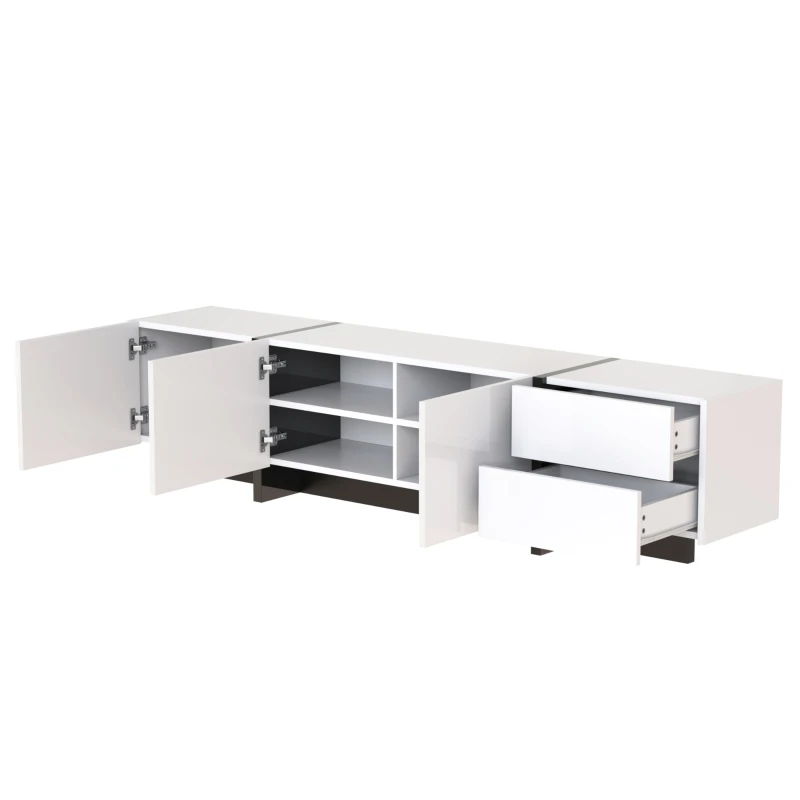 TV-Schrank in Hochglanz mit Türen, Schubladen und Regalen, modernes Design, Weiß und Schwarz