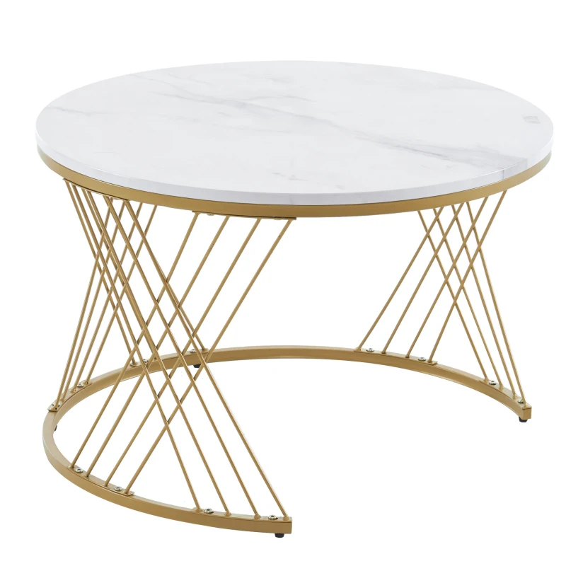 Ensemble de 2 Tables Basses Gigognes Modernes en MDF avec Finition Marbre et Tiroirs en Rotin Synthétique, 71x71x46 cm + 50x50x38 cm, Blanc