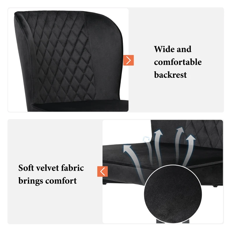 Set of 2 Velvet Black Dining Chairs with Metal Legs and Wing Back, Upholstered Accent Chairs for Dining Room, 47x43x86 cm, Black