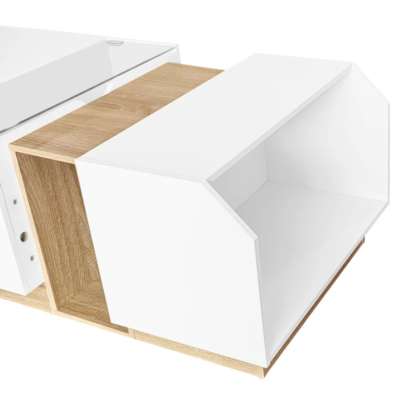 Moderner LED-Couchtisch mit App-Steuerung, Weiß und Holz, multifunktionale Aufbewahrung, weiß