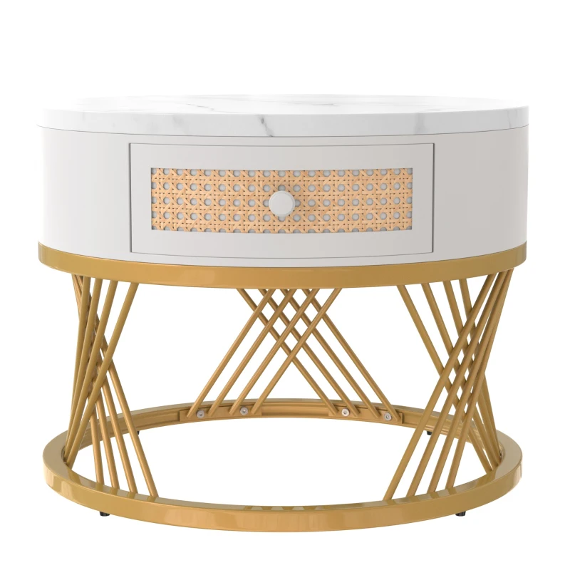 Couchtisch 70cm Runder Marmormuster Platzsparender 2-in-1 mit Rattan-Schubladen u. Griffen, vergoldeten Füßen Weiß