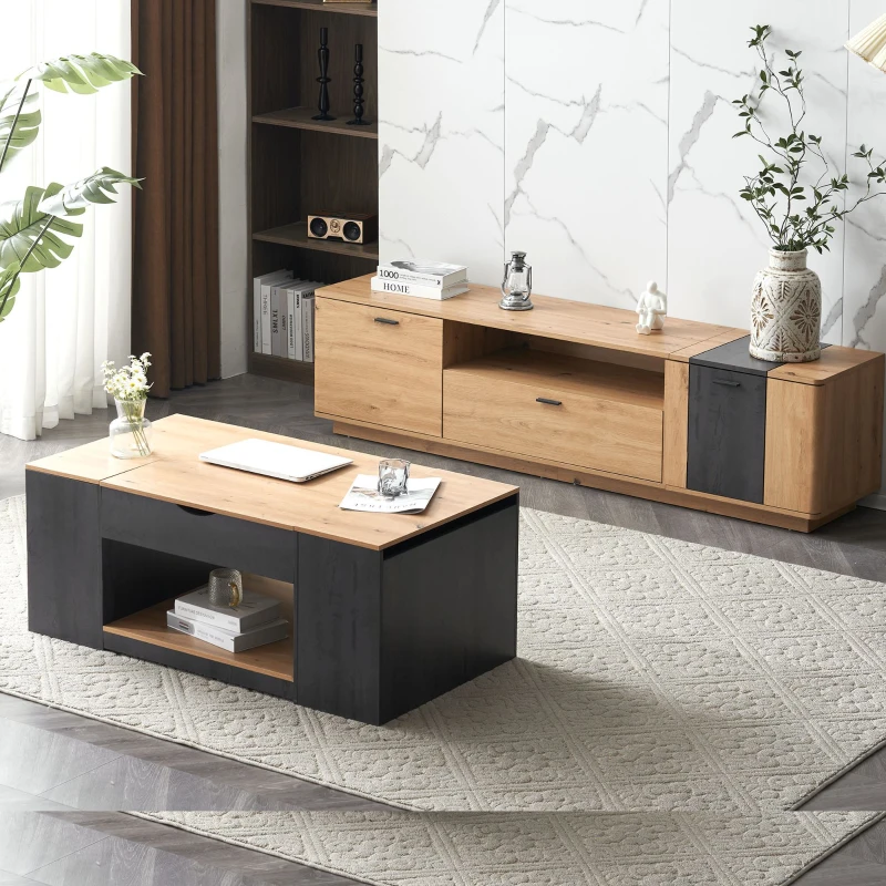 Table Basse en MDF avec Design Élégant et Espace de Rangement Intégré, 109,5x59,7x43 cm, Gris+Marron