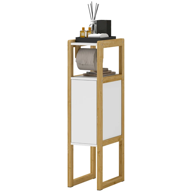 HOMCOM Mobilier de Baie cu Suport pentru Hârtie Igienică, Dulap și Raft, Dulap Compact din Bambus, 20x33x80 cm, Alb