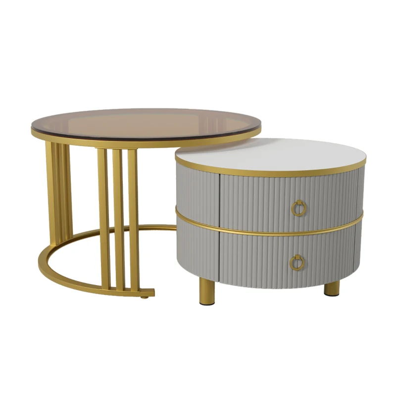 Runder Couchtisch MDF Metallbeine mit Schubladen für Wohnzimmer Gold+Grau