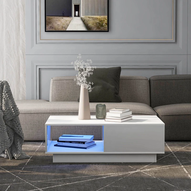 Table Basse Moderne avec Éclairage LED Multicolore à 15 Modes, en MDF et Panneaux de Particules, 95x55x32 cm, Blanc