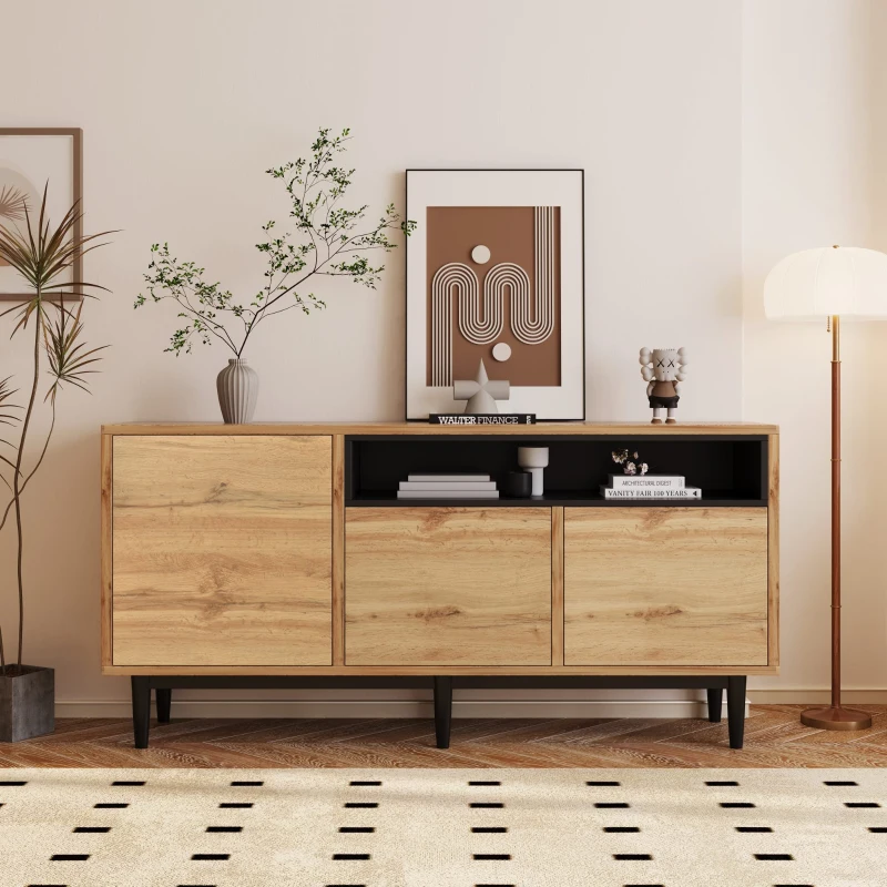 Moderner Holz-Sideboard mit drei Türen und verstellbaren Regalen, einfache Montage, platzsparend und robust, Schwarze+Holzfarbe