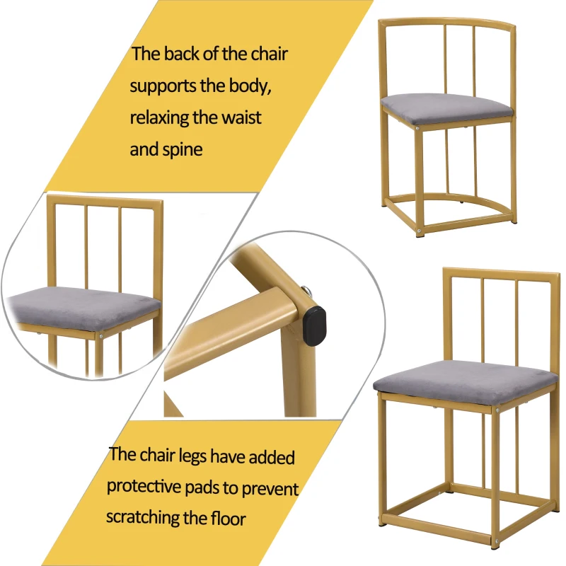 Six-Chair Dining Table Set, Modern Dining Table and Chairs with Backrests and Upholstery, Gold Iron Frame, 140x80x76 cm, Gold