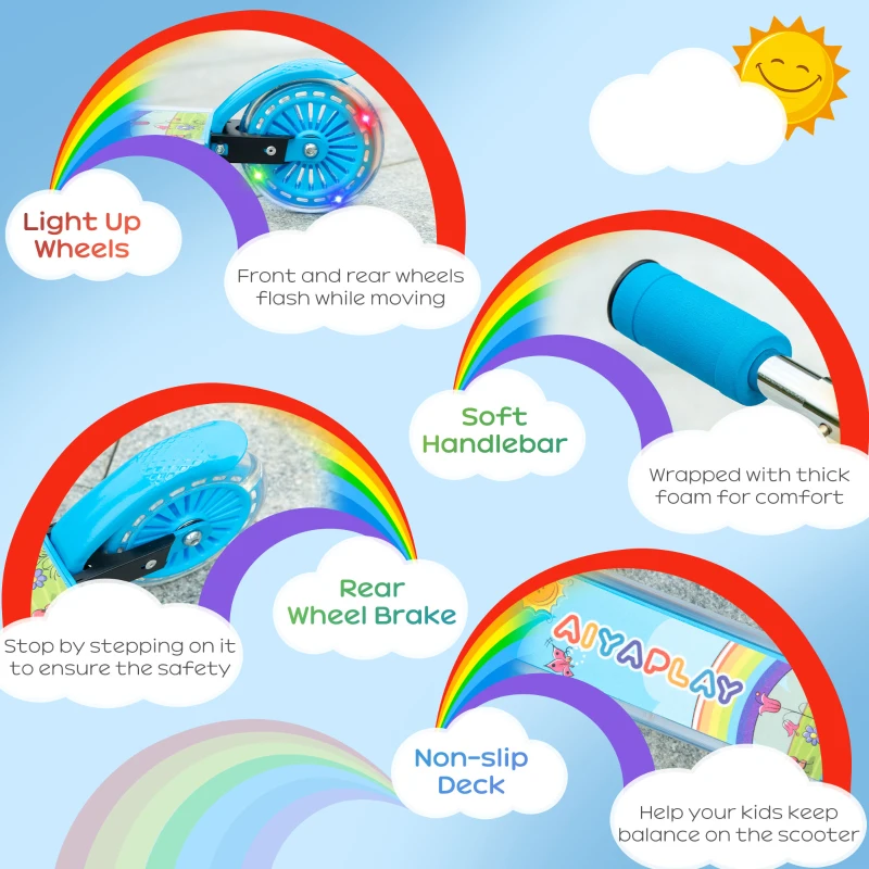 HOMCOM Scuter Pliabil pentru Copii, Scuter cu 2 Roți, Înălțime Reglabilă, Lumini LED și Muzică, 67x32x78 cm, Albastru