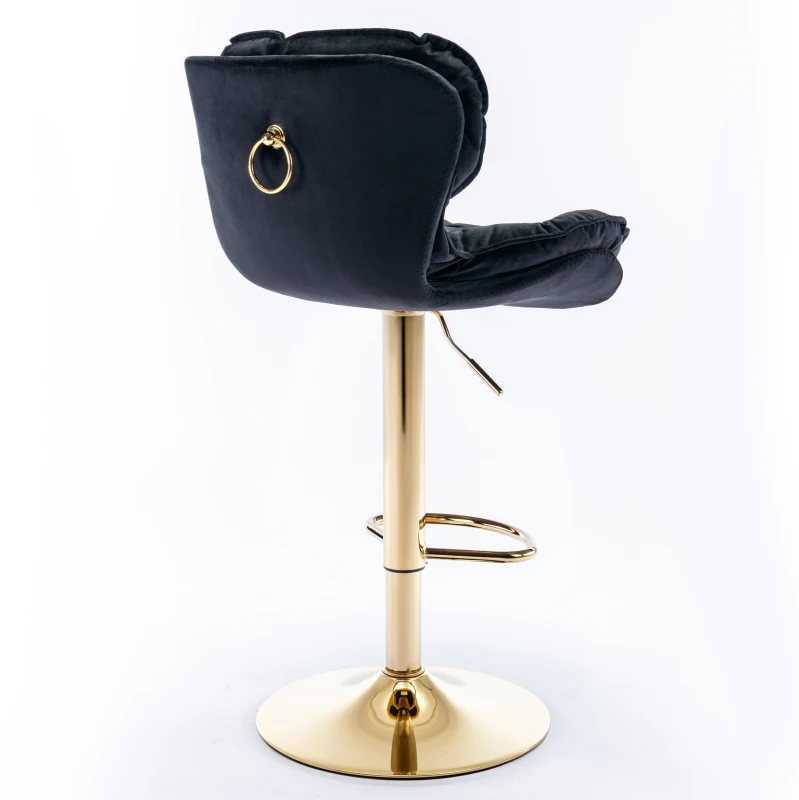 Set of 2 Adjustable Breakfast Bar Stools with Rolling Edge Backrest, Gold Legs, and 360° Rotatable Seat, Load-Bearing up to 136 kg, Black