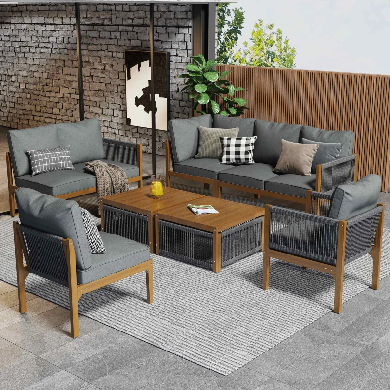 Gartenlounge Set für 7-8 Personen, Akazienholzrahmen, Handgewebtes Seildesign, Abnehmbare und Waschbare Bezüge, Natürlich+Grau