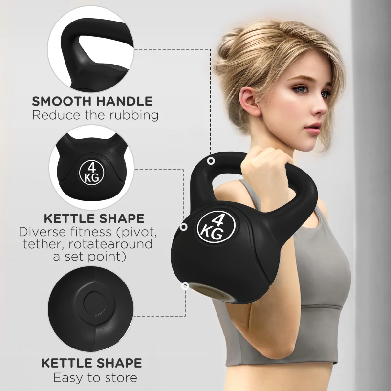 HOMCOM Kettlebell de 4kg pentru Sport și Fitness cu Bază Plată și Mâner, Greutate Kettlebell, 18x12x20 cm, Negru
