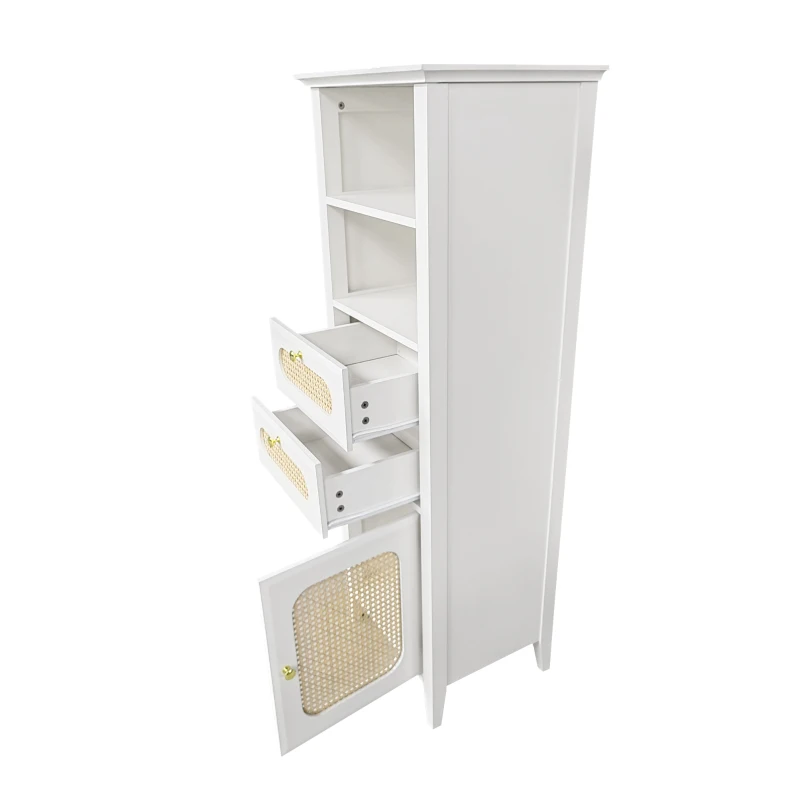 Vitrine Crédence Moderne pour Salon avec Rotin et Surface Laquée, Fonctionnelle et Élégante, 140,5x38x50 cm, Blanc