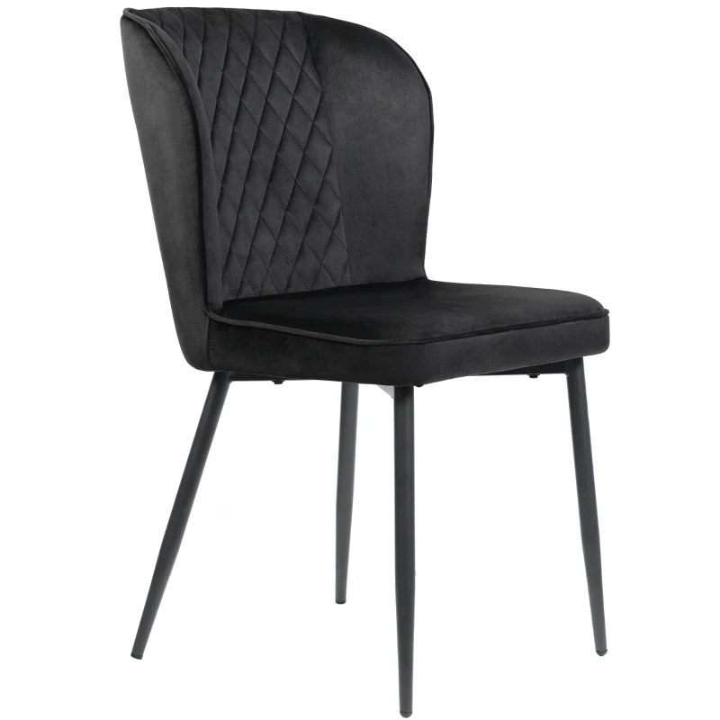Set of 2 Velvet Black Dining Chairs with Metal Legs and Wing Back, Upholstered Accent Chairs for Dining Room, 47x43x86 cm, Black
