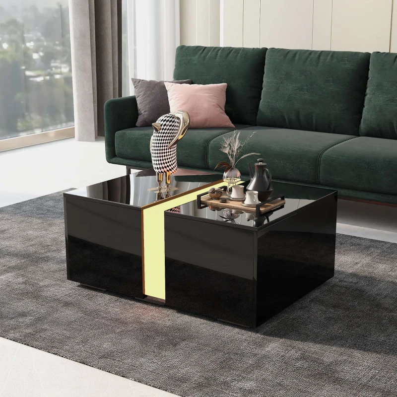 Table Basse Relevable Moderne avec Lumières LED 16 Couleurs, Télécommande et Compartiment Caché, 73x60x34 cm,Noir