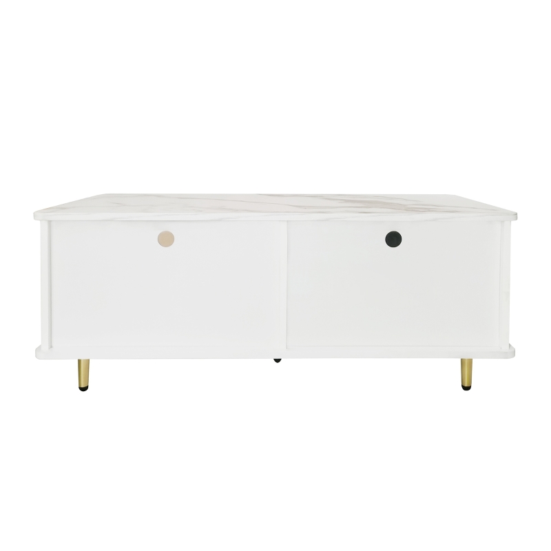 Table basse moderne avec plateau effet marbre et porte en verre trempé, tiroirs ondulés, poignées et pieds dorés, 100x50x40 cm, Blanc