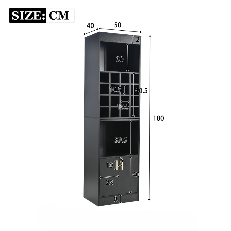 Porte-bouteilles avec 16 Compartiments pour Vin, Meuble de Rangement Polyvalent pour Salon et Salle à Manger, 50x40x180 cm, Noir