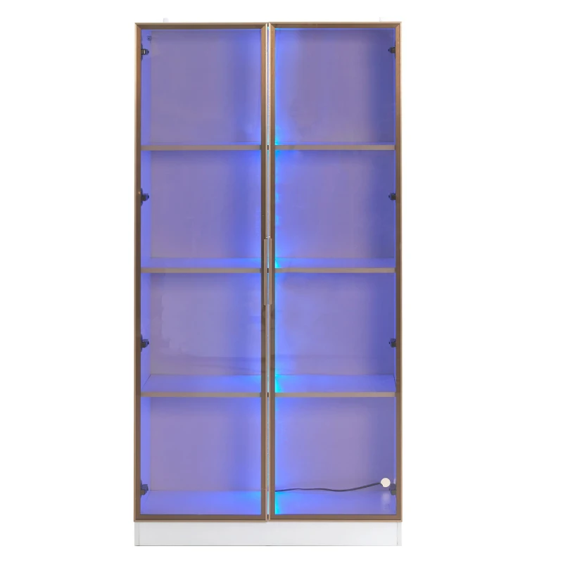 Vitrine Moderne en Verre avec Éclairage LED à 16 Couleurs, Doubles Portes et Étagères Réglables, 80x40x160 cm, Blanc(m-9)