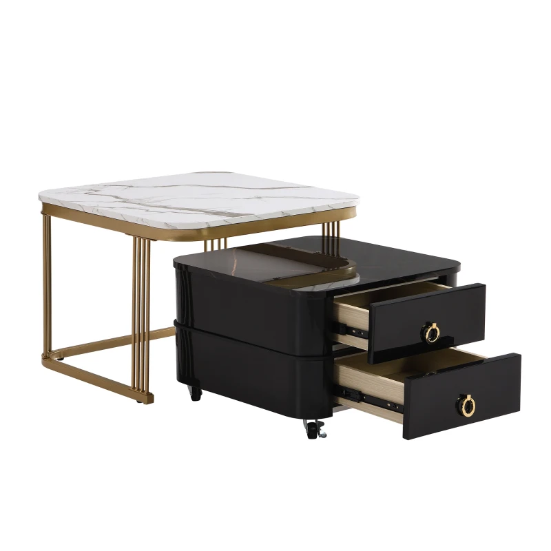 Ensemble de 2 Tables Basses Gigognes avec Plateau en Marbre Brillant et Verre, Structure en Métal et Tiroirs, 60x60x42 cm + 50x50x34 cm, Noir
