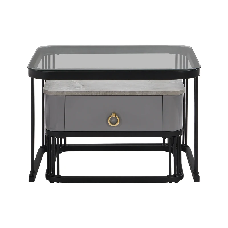 Couchtisch Stapelbarer 2er-Set 60x60 mit Schublade Hochglänzende Marmoroptik Glasplatte schwarze Beine schwarz