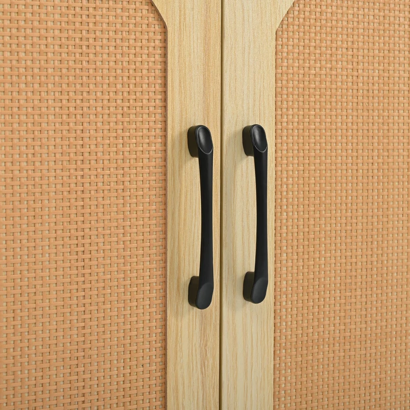 Rattan Aufbewahrungsschrank mit Metallgriffen und verstellbaren Regalböden, stilvoller Wohnzimmerschrank mit natürlichem Design und stabilen Metallbeinen, Helles Eichenholz