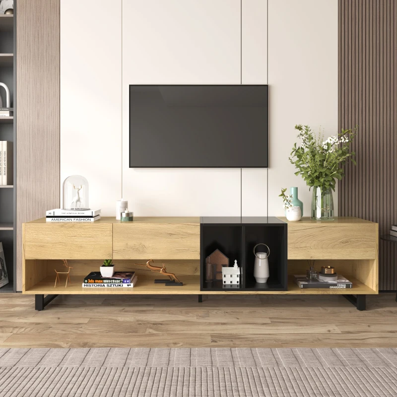Meuble TV Bas Moderne en Bois avec Pieds en Métal, Trois Tiroirs et Étagères, 200x40x50 cm - Meuble TV Scandinave, Naturale+Noir