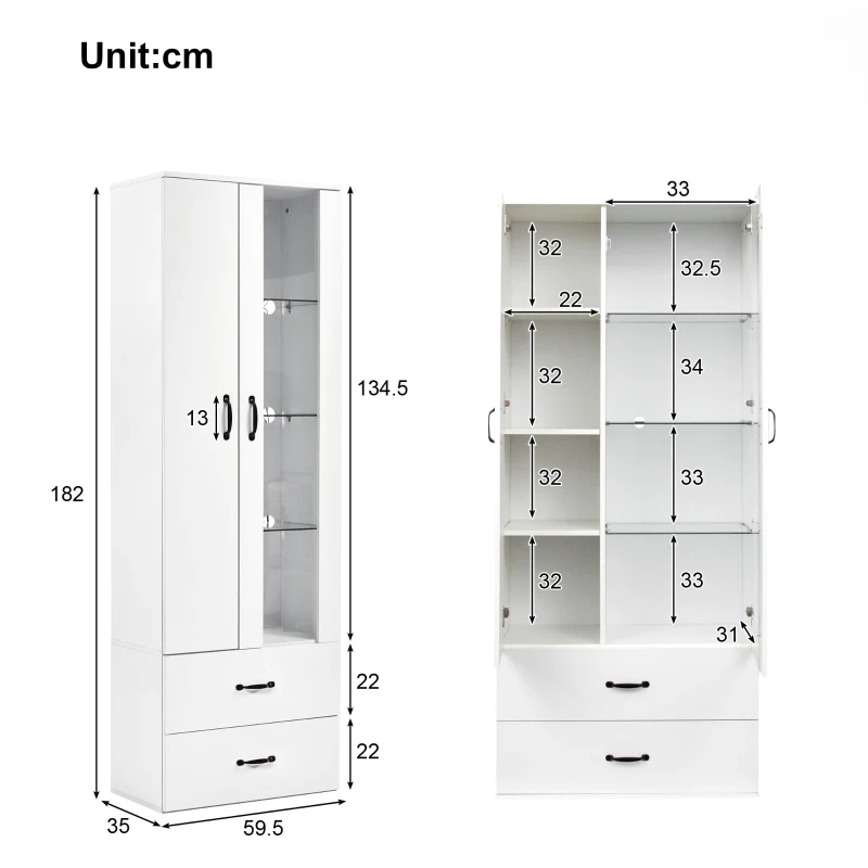 Vitrine lumineuse LED multifonctionnelle, 16 couleurs, avec 2 portes, 5 étagères en verre, interface USB, salon et bureau, 59,5x35x182 cm, Blanc