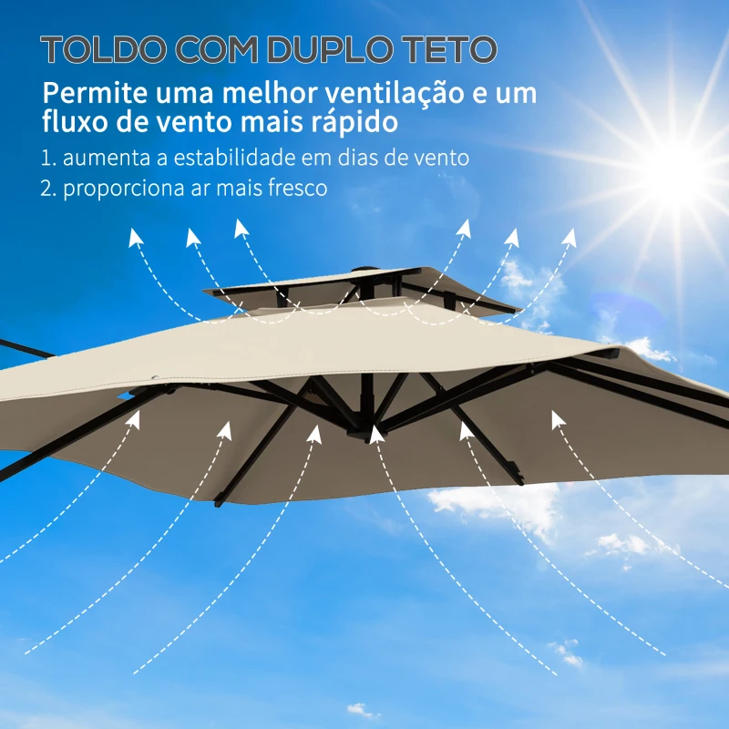 Outsunny Chapéu de Sol de Alumínio Chapéu de Sol Excêntrico com Manivela Teto Duplo Inclinável Mastro Giratório 360° Ø295x270 cm Cáqui