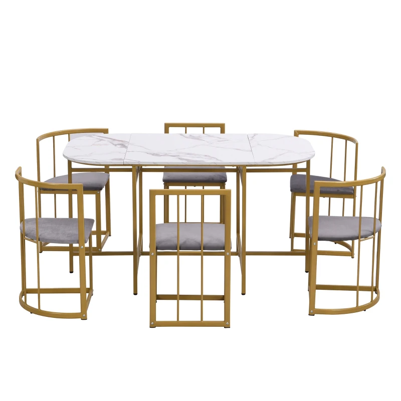 Six-Chair Dining Table Set, Modern Dining Table and Chairs with Backrests and Upholstery, Gold Iron Frame, 140x80x76 cm, Gold