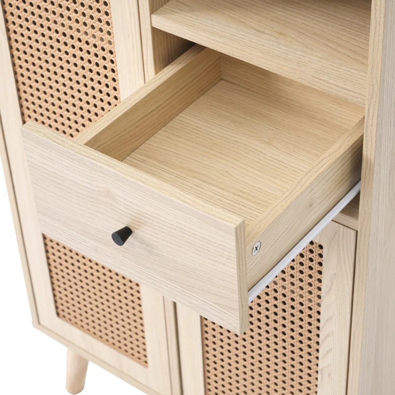 Buffet Moderne en Style Scandinave avec 2 Portes en Rotin et 1 Tiroir, Grand Espace de Rangement, 60x40x101 cm, pour Cuisine ou Salon, Chêne