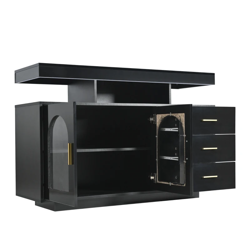 Buffet moderne, meuble TV scandinave avec 3 tiroirs et 2 portes, structure en aggloméré brillant avec lumière LED en 16 couleurs, 120x40x80 cm, Noir