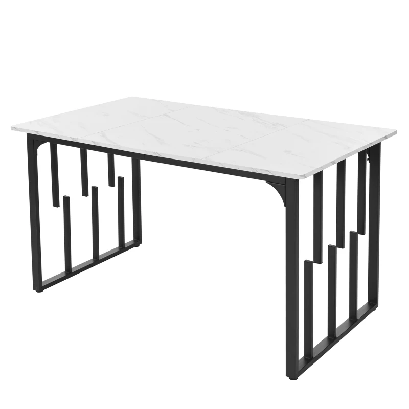 Modern Oblong Dining Room Tables with Iron Square Tube Legs, Kitchen Units with Marble Pattern, 140x80x75 cm, White+Black