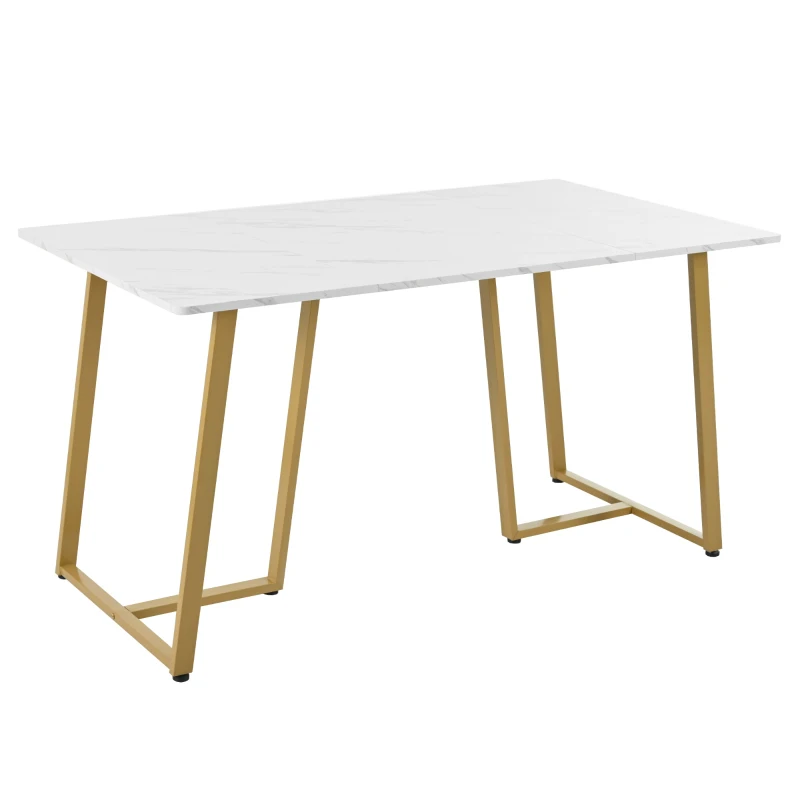 Modern Fodable Dining Table with Marble Pattern, Adjustable Metal Legs, Rectangular Kitchen Table for Dining Room, 140x80x75 cm, White+Gold