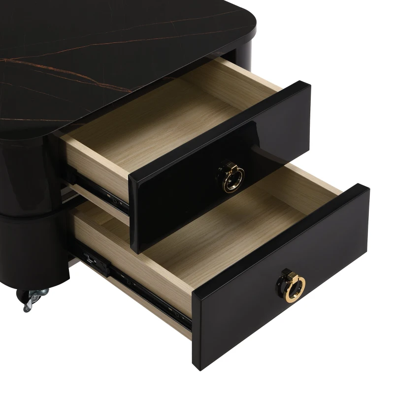 Ensemble de 2 Tables Basses Gigognes avec Plateau en Marbre Brillant et Verre, Structure en Métal et Tiroirs, 60x60x42 cm + 50x50x34 cm, Noir