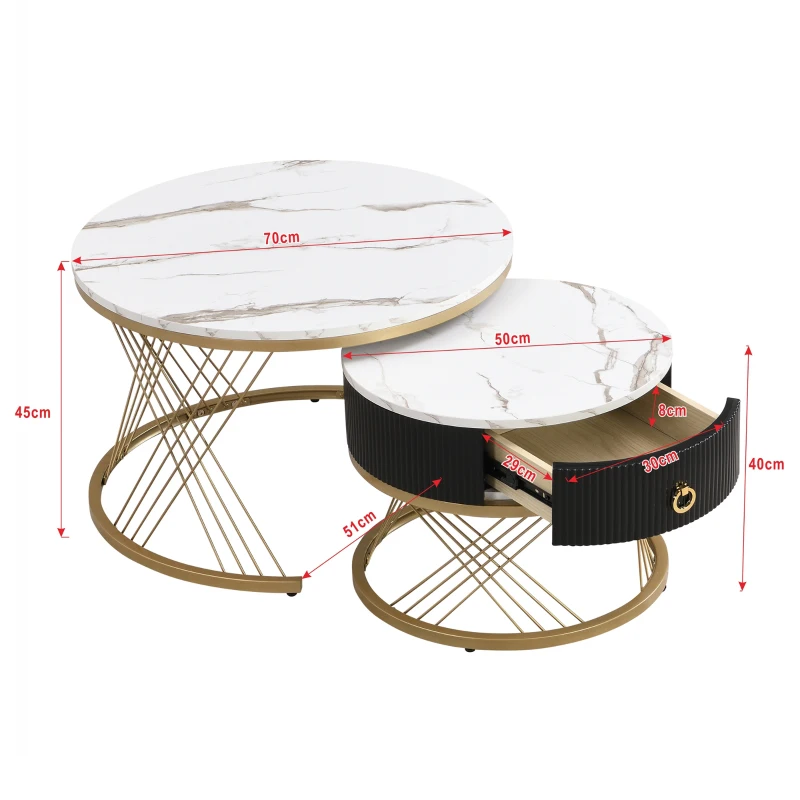 Lot de 2 tables basses gigognes modulables en marbre synthétique avec tiroirs, 70x70x45 cm et 50x50x40 cm, Blanc