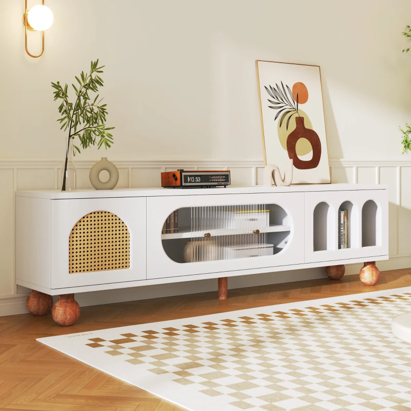 TV-Schrank mit Rattan-Optik, Glasschiebetüren, vergoldeten Griffen und Massivholzfüßen, Weiß und Holzfarbe