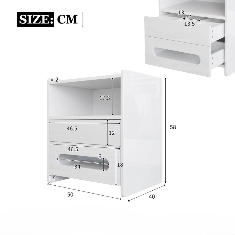 Ensemble de 2 tables de chevet modernes avec éclairage LED, 2 tiroirs et télécommande, en mélamine de haute qualité, pour chambre, Noir + Blanc