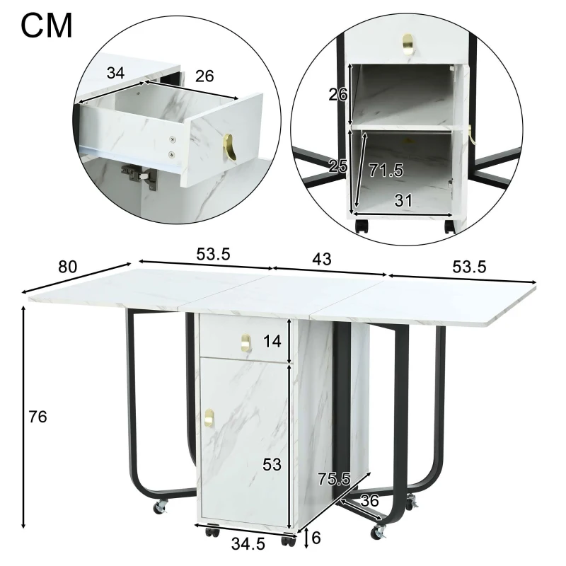 Folding Dinning Table with Goldplated Handles, 3 Extensive Modes for Learning&Dinning, Metal Frame - White/Black