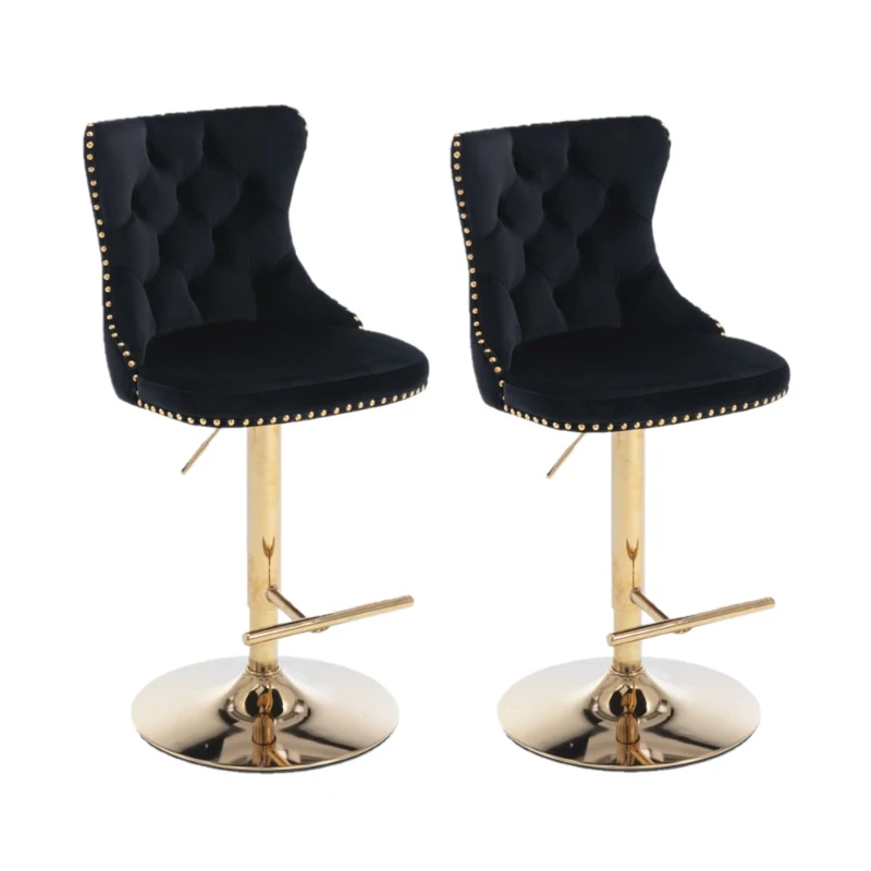 Set of 2 Adjustable Velvet Bar Stools, 360° Swivel, Gold Electroplated Legs, 62-82 cm Height, 45x45 cm Base, 136 kg Load Capacity, Black
