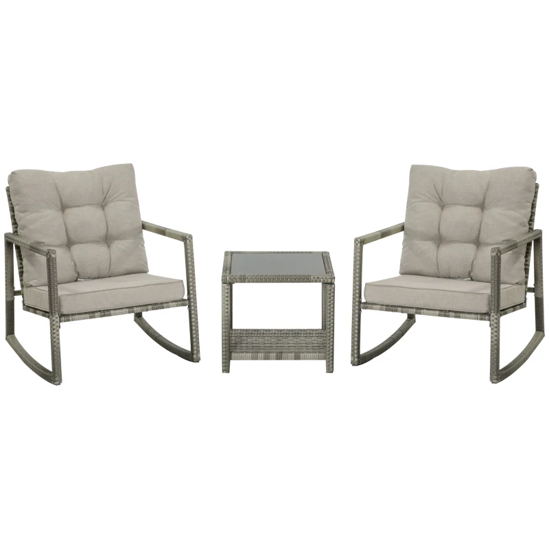 Outsunny Salon de jardin 2 personnes 3 pièces 2 chaises à bascule avec coussins + table basse plateau verre trempé résine tressée aspect rotin gris