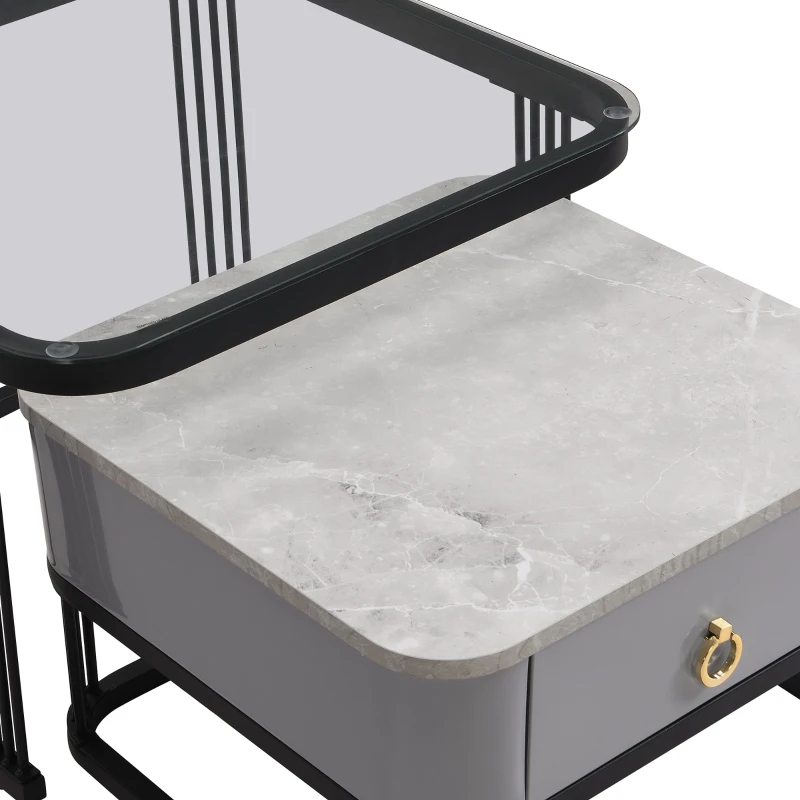 Couchtisch Stapelbarer 2er-Set 60x60 mit Schublade Hochglänzende Marmoroptik Glasplatte schwarze Beine schwarz